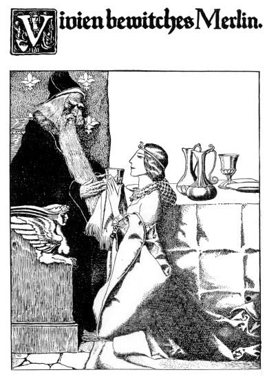 A black and white ink drawing of Merlin seated in an ornate chair. He is accepting a large cup from a kneeling woman (Vivien).